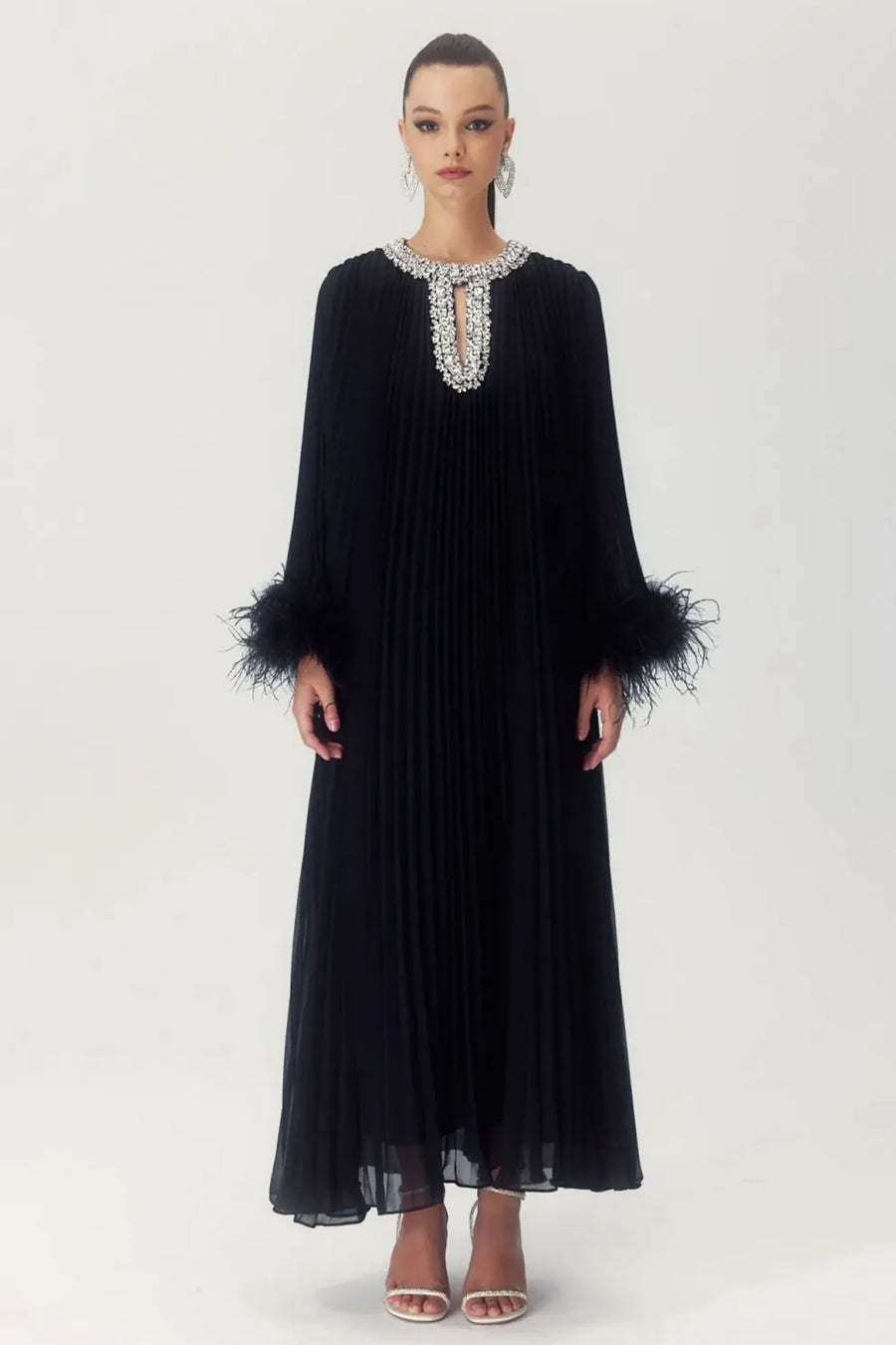 Yvonne Diamante Feathered Pleated Maxi Chiffon Dress