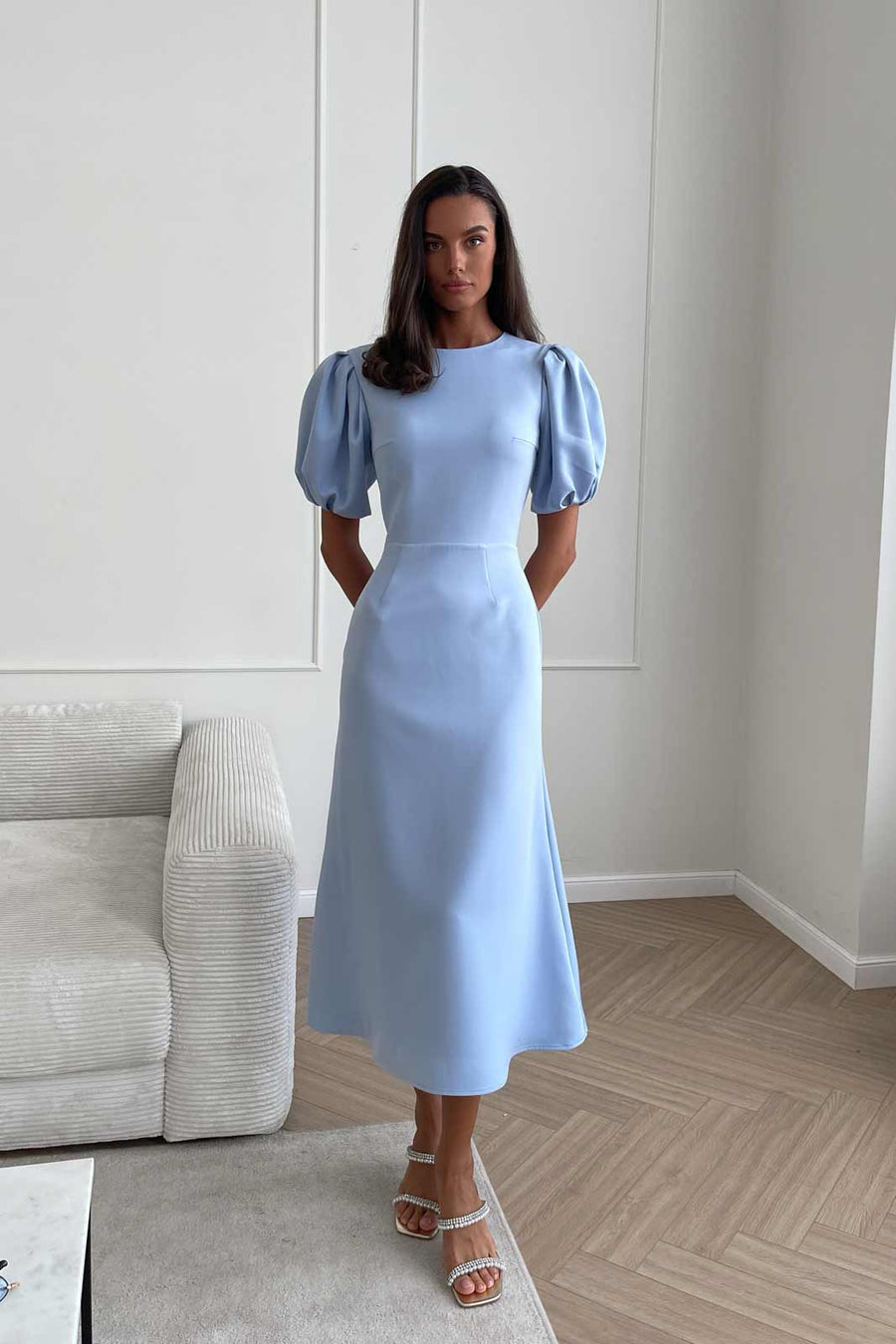 Godet Silhouette Puff Sleeve Midi Dress