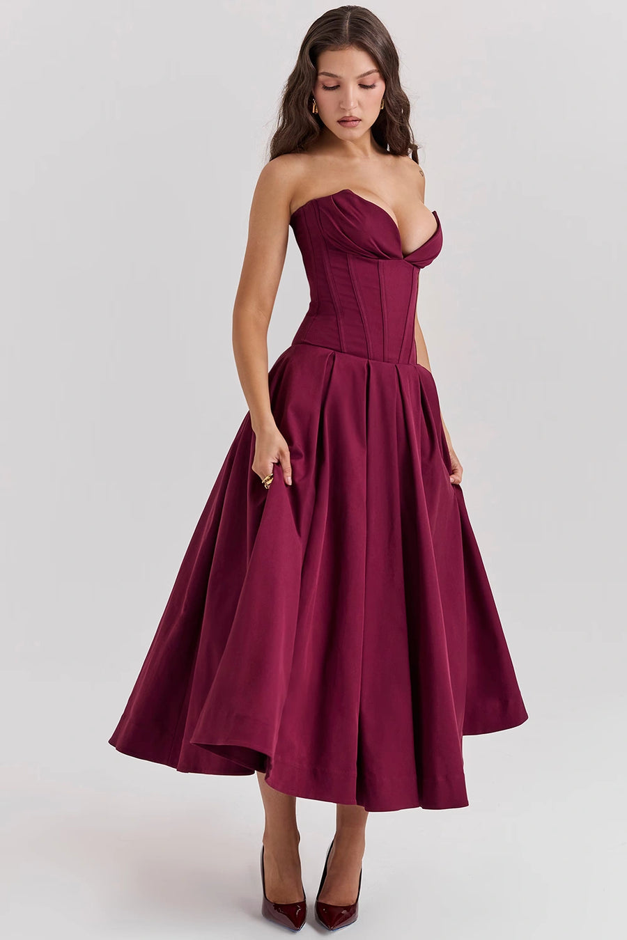 Wine Strapless Midi Dress