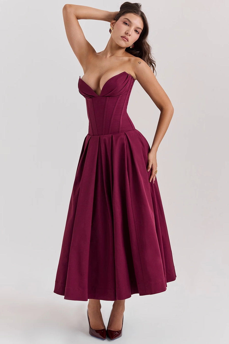 Wine Strapless Midi Dress