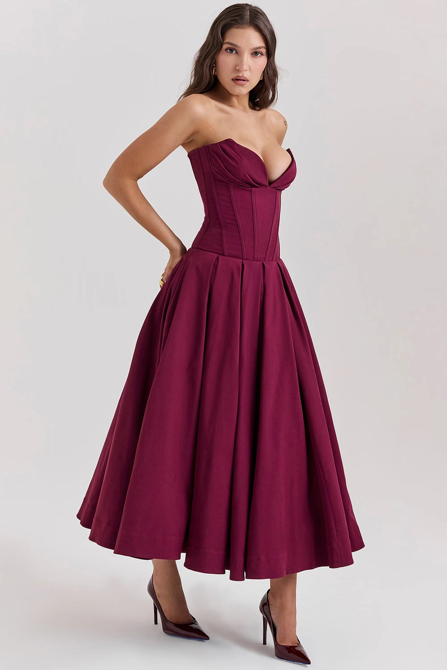 Wine Strapless Midi Dress