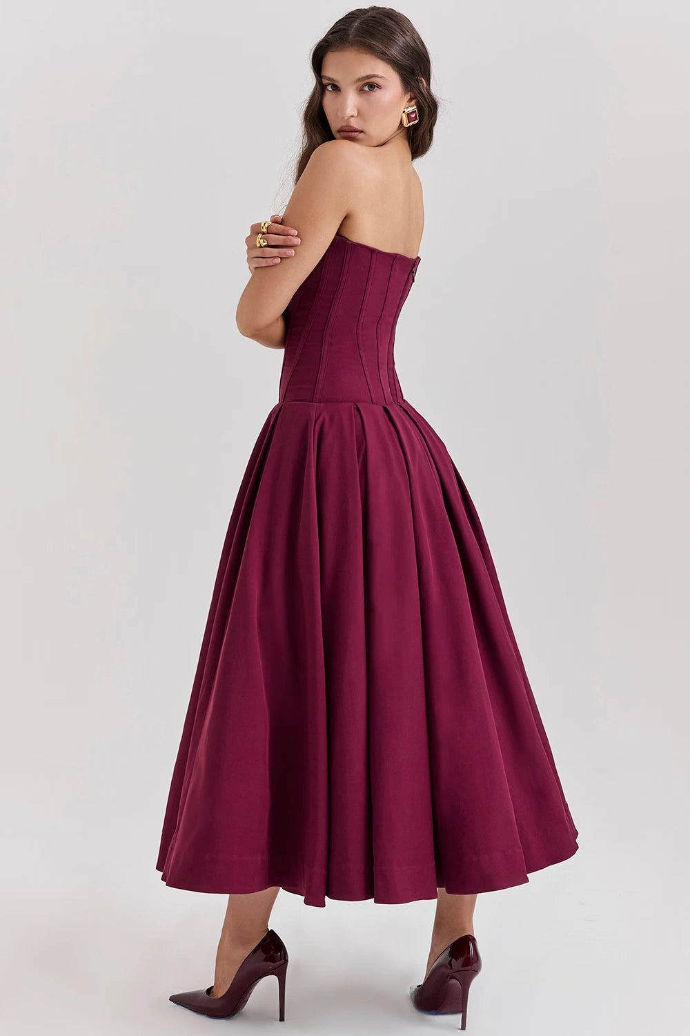 Wine Strapless Midi Dress