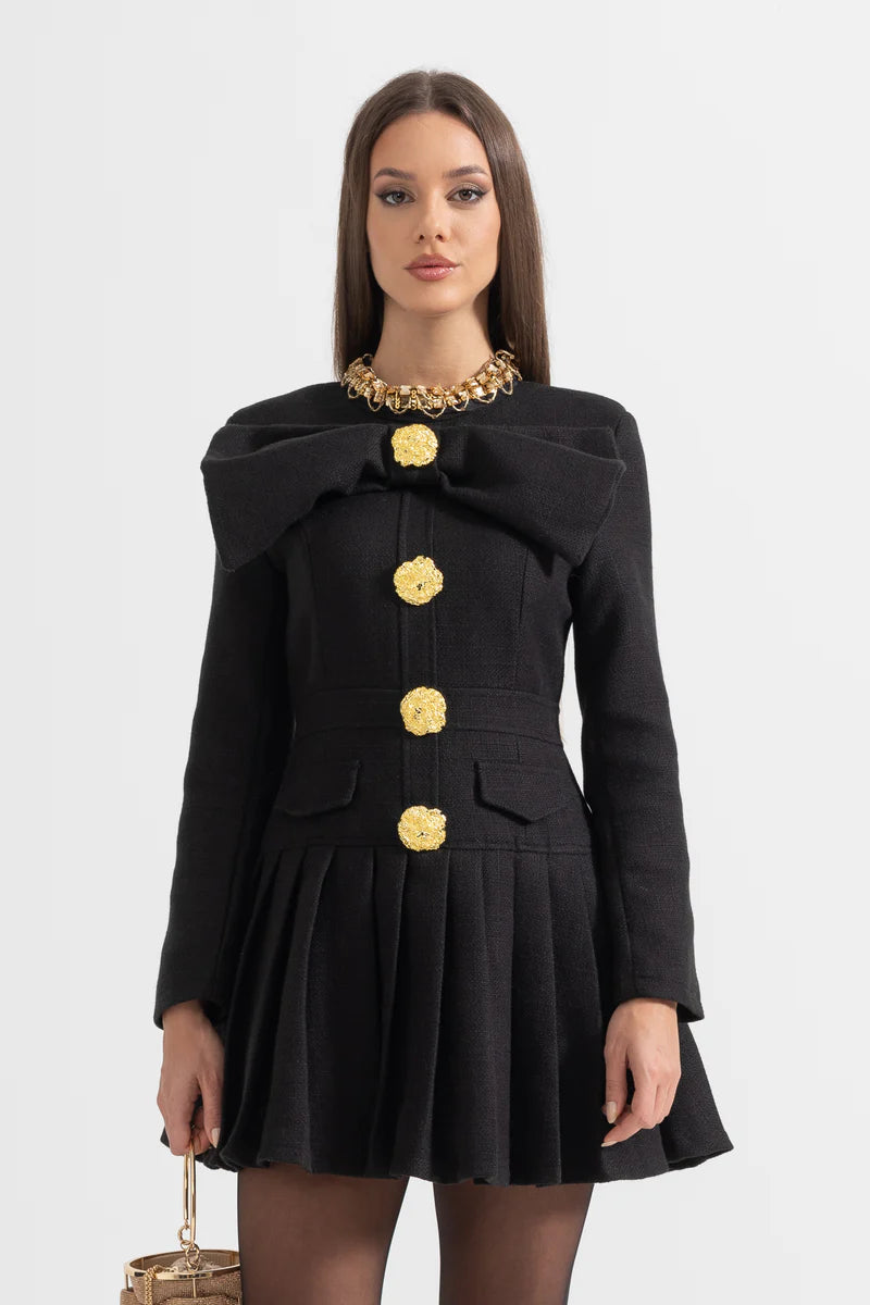 Buttoned Dress With Large Decorative Gold Buttons And Neckline Bow - Black