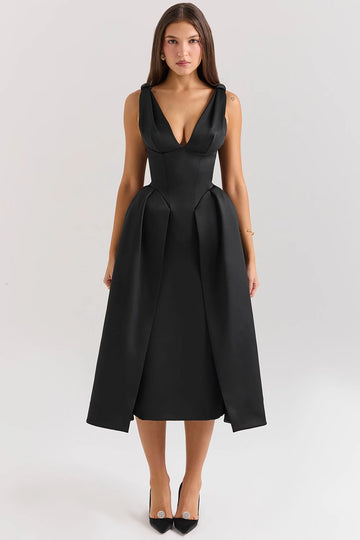 Black Satin Twist Strap Midi Dress