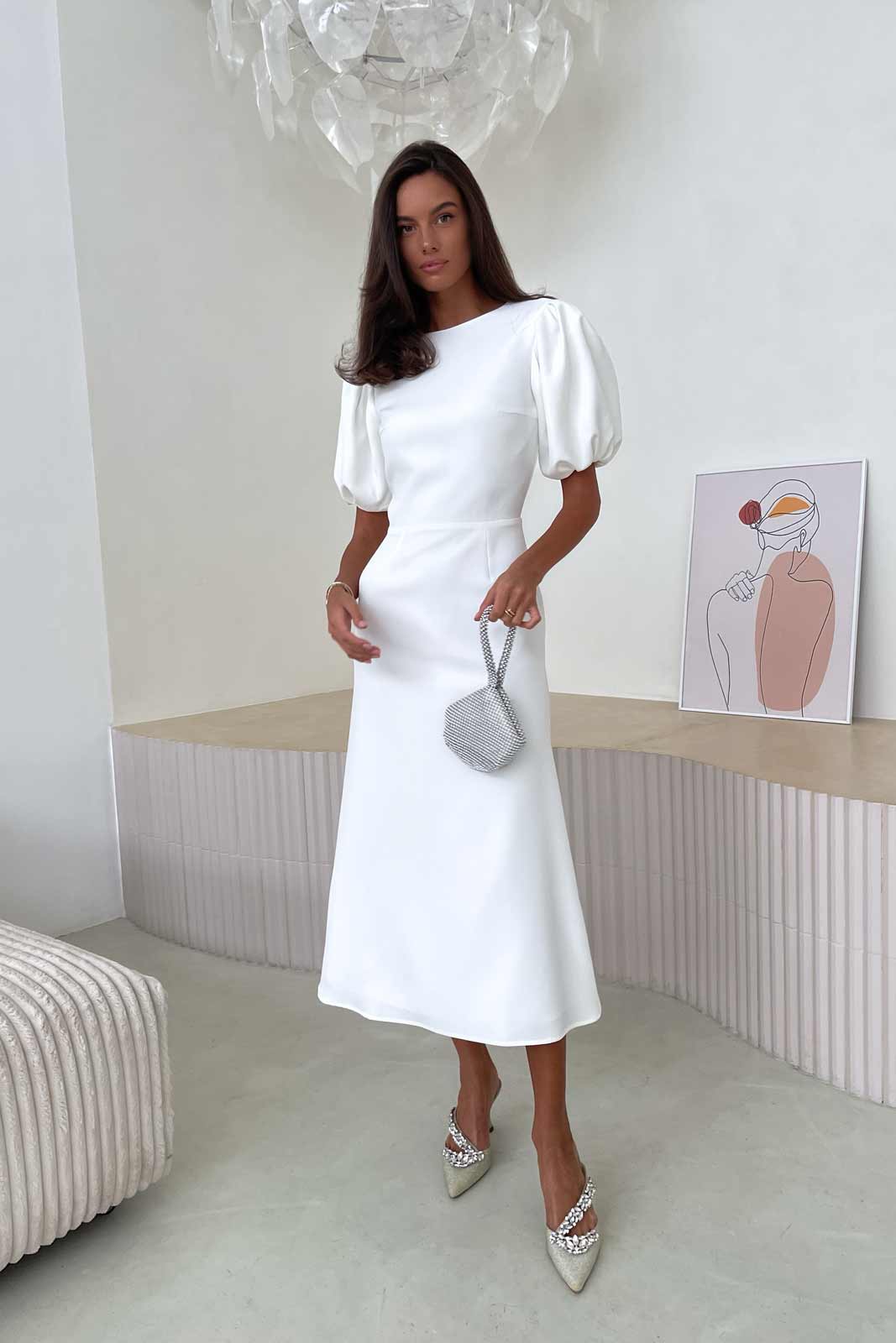 Godet Silhouette Puff Sleeve Midi Dress