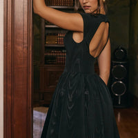 Black Moire Satin Backless Midi Dress